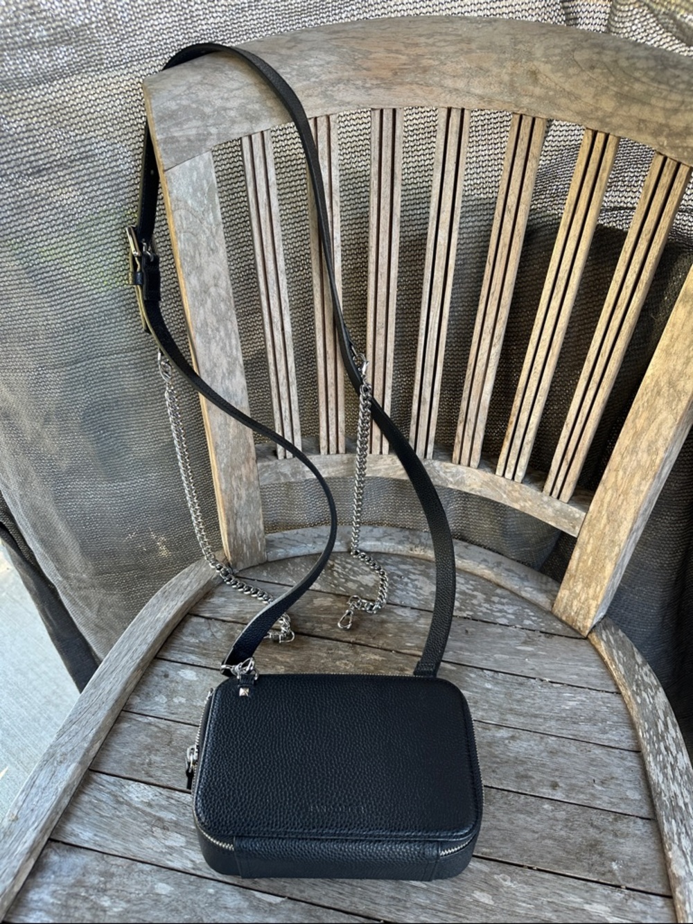 Bandolier Black Pebble Leather Crossbody Camera Bag silver hardware